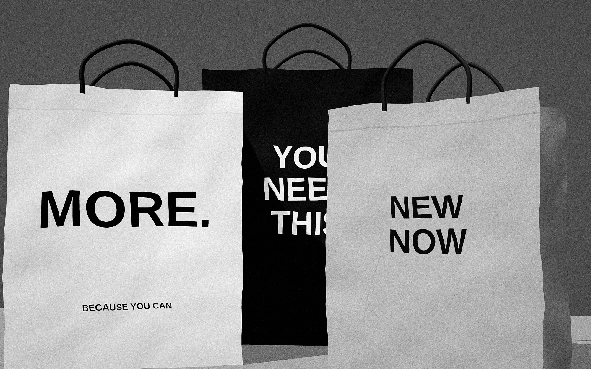 Black-and-white photograph of three paper shopping bags printed MORE., NEW NOW and YOU NEED THIS.