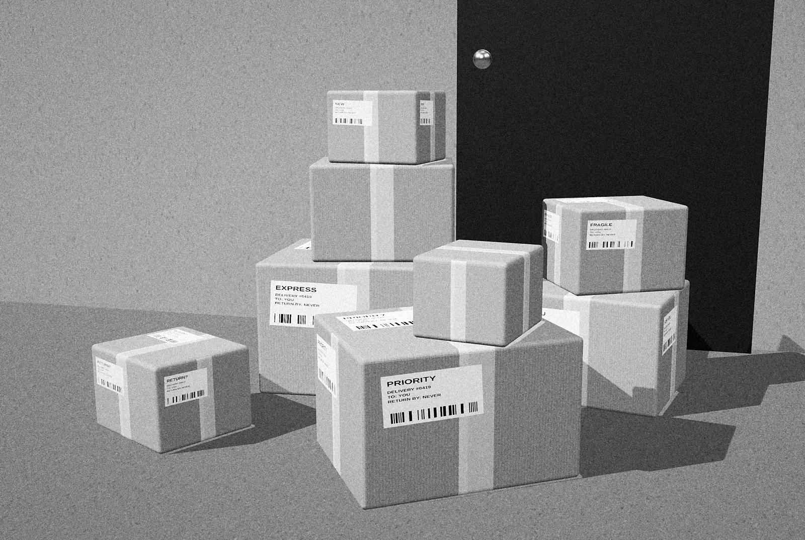 Black-and-white photograph of a pile of delivery parcels labelled EXPRESS, PRIORITY and FOR YOU in front of a door.