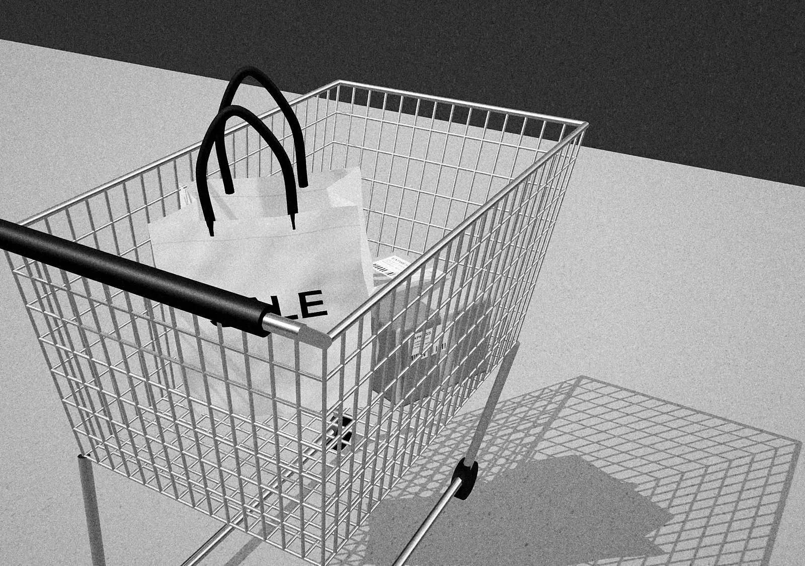 Black-and-white photograph looking down into a wire shopping cart with a paper bag and a parcel inside.